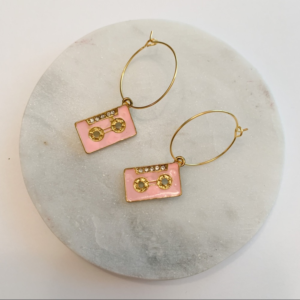 Retro Pink Cassette Tape Gold Hoop Dainty Earrings